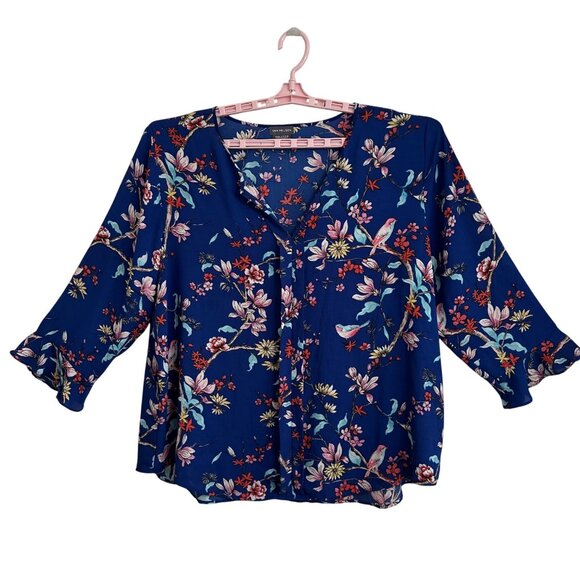 Van Heusen Womens Dark Floral Print 3/4 Sleeve Blouse Blue XXL Boho Whimsy - Picture 1 of 8